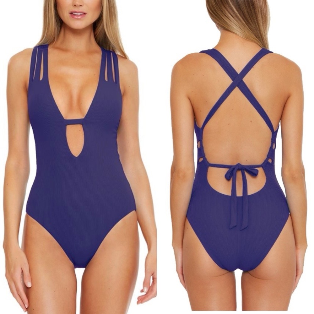 BECCA Fine Line Rib Skylar Plunge One-Piece Swimsuit Size M